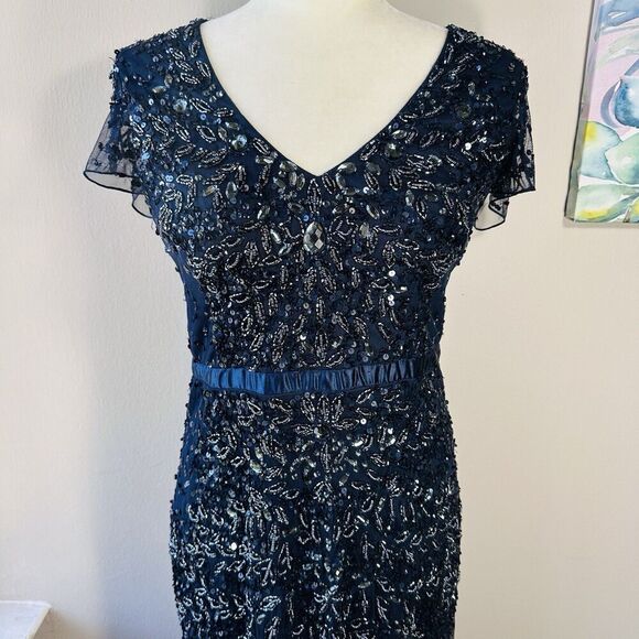ADRIANNA PAPELL Prom SZ 10 Cap Sl Dress Sequin Navy Blue Beaded Gown Sleeve $229 - Picture 8 of 11
